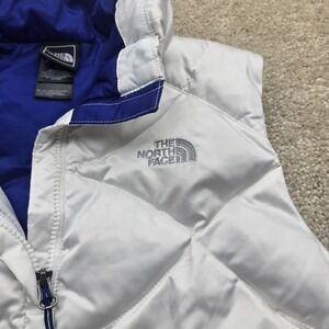 The North Face 550 Down Fill Puffer Vest Women White Blue Insulated Hooded